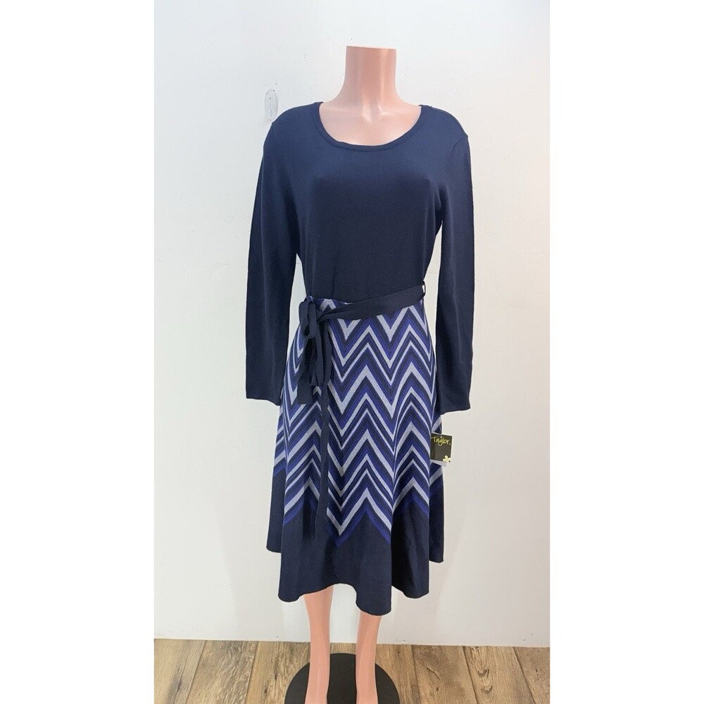 Taylor Blue Feminine Belted Knit Midi Sweater Dress Size Large - Picture 6 of 16